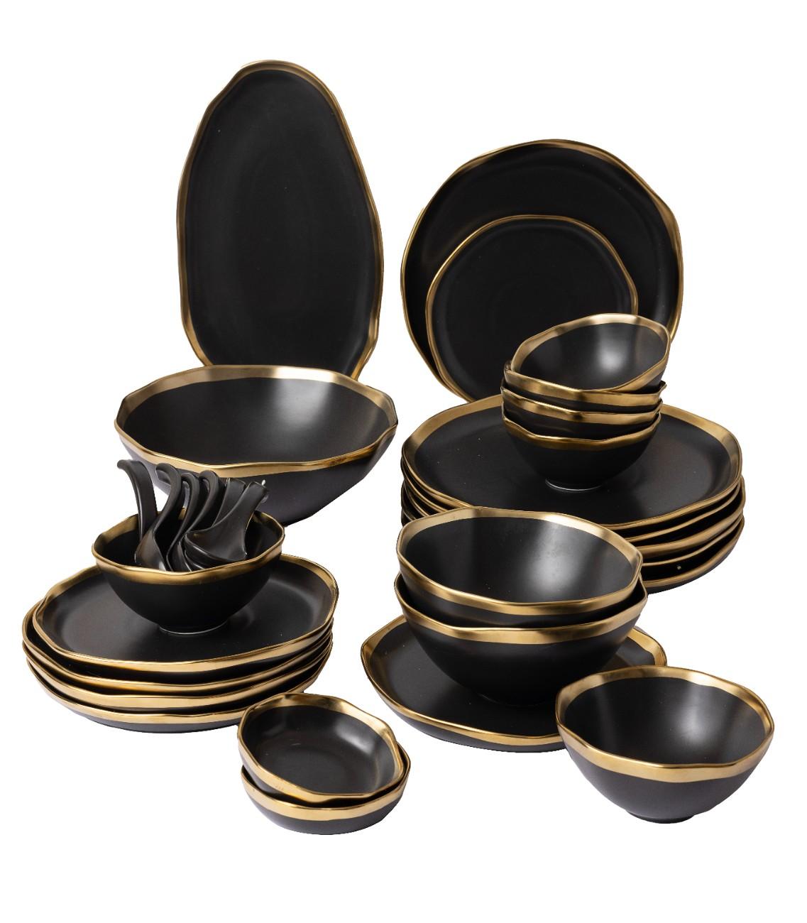 Luxury Black Ceramic Dinner Set with Gold Accen
