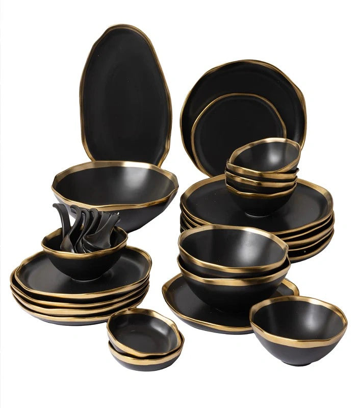 Premium Gold Edged Black Dinnerware for 6