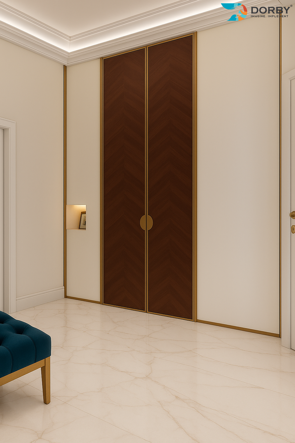 Decorative wooden sliding door in a stylish interior setting with 'DORBY' branding.