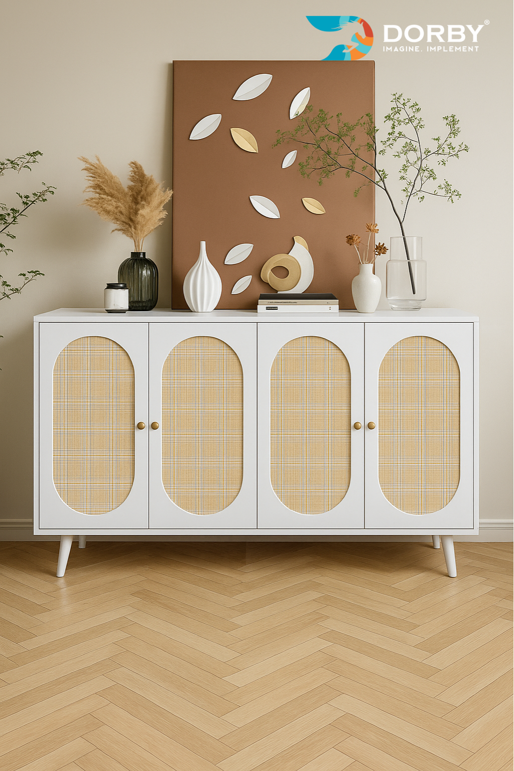 White cabinet with wicker doors in a room with decorative elements and 'Dorby' branding.