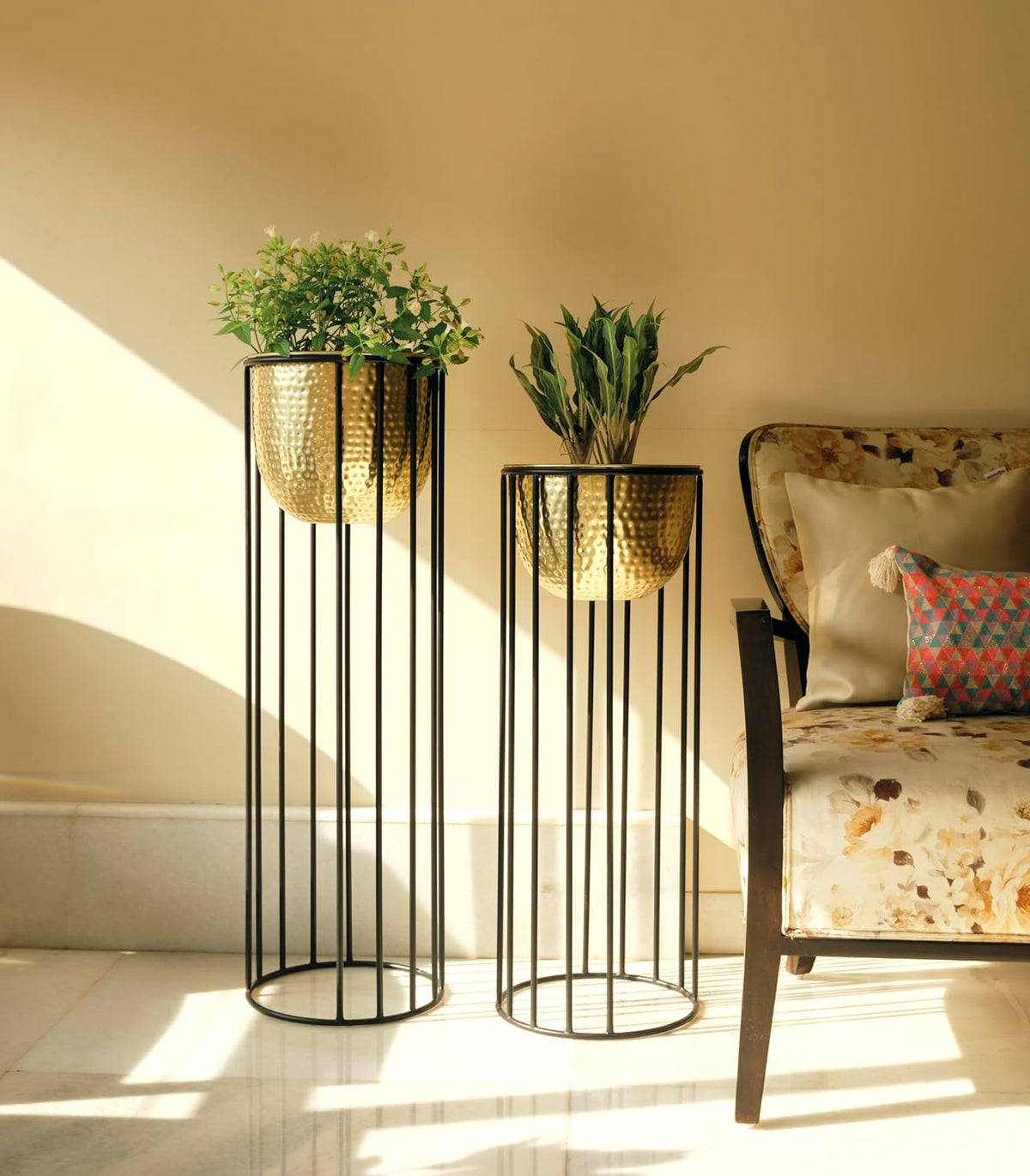 Buy Gold Hammered Column Planter Pot Set with Stand Online