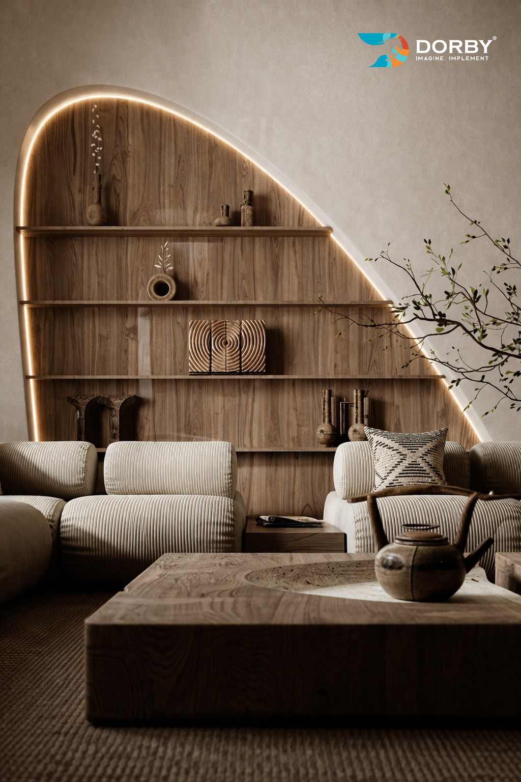 Modern living room with wooden shelves, sofa, and coffee table, featuring the Dorby brand.