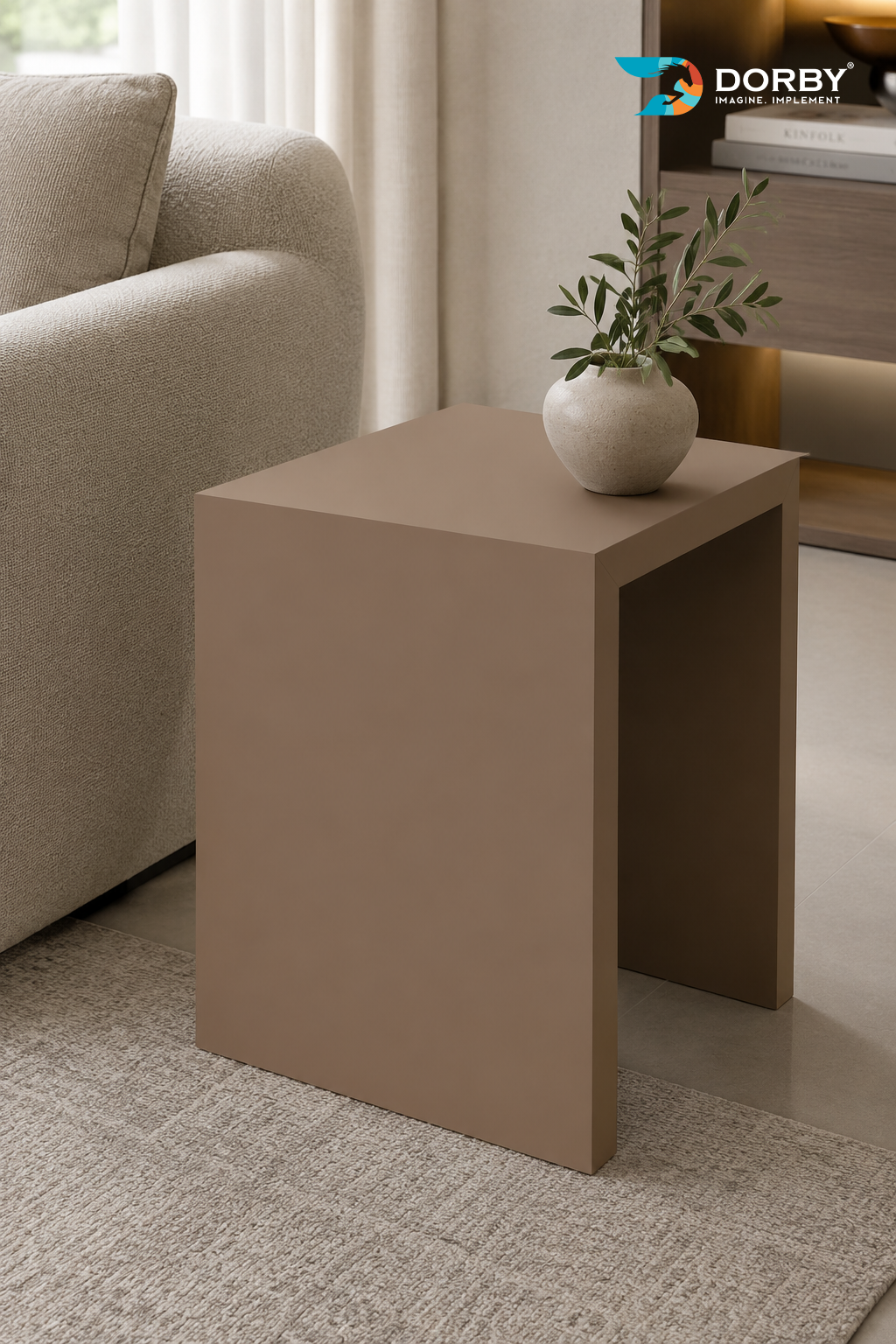 Beige side table with a white vase and plant in a living room setting, featuring the Dorby brand.